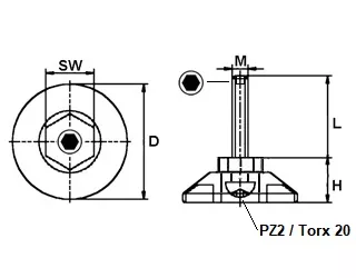 Cantonal Draaibare stelvoet 30 mm - M8x60 mm met binnenzeskant