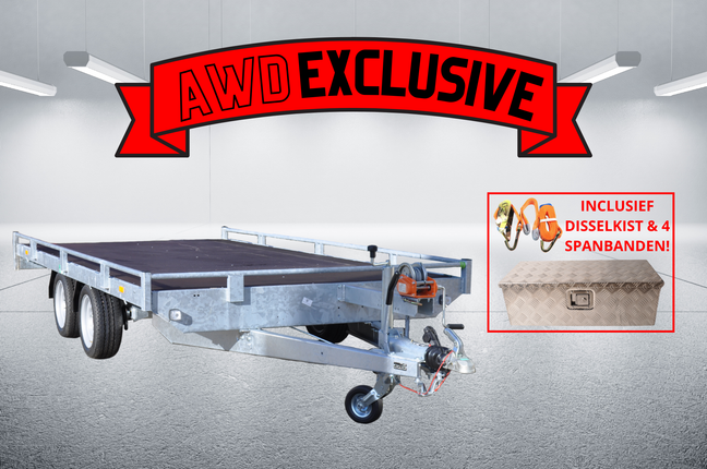 Eduard AWD exclusive Eduard autotransporter 406x200 cm - 2700 kg bruto laadvermogen - 10 cm reling - inclusief accessoire pakket van €175,-