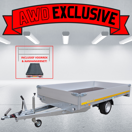 Eduard AWD exclusive geremde Eduard plateauwagen - 310x180 cm - 1500 kg bruto laadvermogen - 63 cm laadvloerhoogte - 30 cm borden - inclusief voorrek & aanhangernet