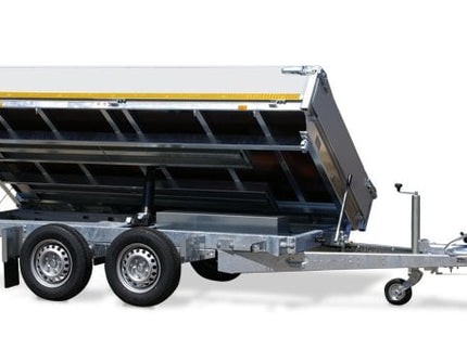 Eduard Geremde Eduard 3-zijdige kipper - 330x180 cm - 3500 kg bruto laadvermogen - elektrisch, extern laden - 72 cm laadvloerhoogte - inclusief uitzetsteunen - 30 cm hoge borden - inclusief handpomp en elektrische pomp