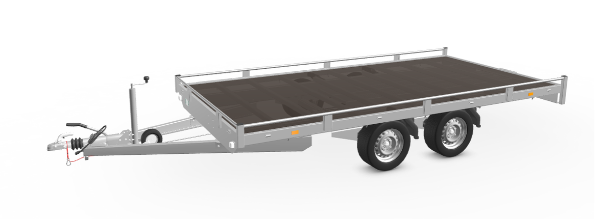 Eduard Geremde Eduard autotransporter - 406x200 cm - 3000 kg bruto laadvermogen - 63 cm laadvloerhoogte - 10 cm hoge reling - inclusief oprijplaten