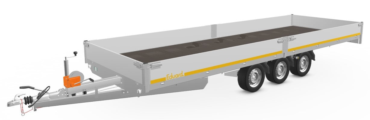 Eduard Geremde Eduard multitransporter - 606x200 cm - 3500 kg bruto laadvermogen - 63 cm laadvloerhoogte - 30 cm borden - inclusief oprijplaten en handlier - tridem asser