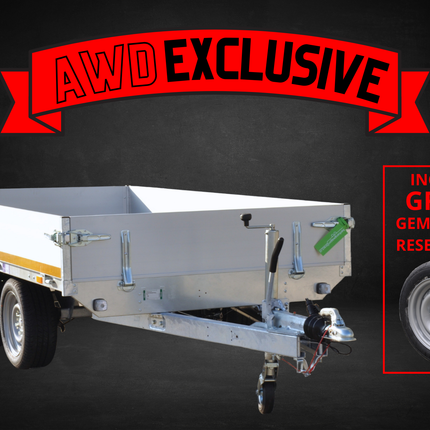 Aanhangwagendirect AWD Exclusive Eduard plateauwagen - 300x150 cm - 2000 kg bruto laadvermogen - 63 cm laadvloerhoogte - 30 cm borden - nu met gratis gemonteerd reservewiel