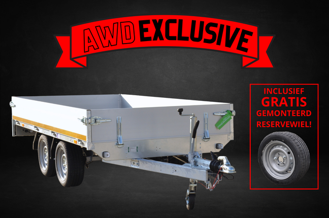 Aanhangwagendirect AWD Exclusive Eduard plateauwagen - 300x150 cm - 2000 kg bruto laadvermogen - 63 cm laadvloerhoogte - 30 cm borden - nu met gratis gemonteerd reservewiel