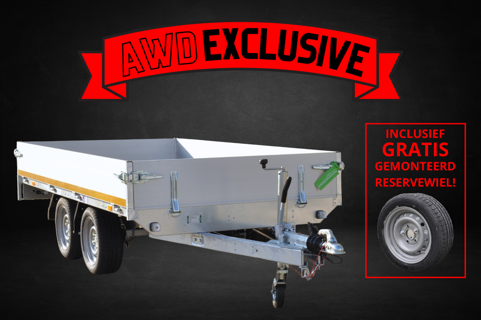 Aanhangwagendirect AWD Exclusive Eduard plateauwagen - 300x150 cm - 2000 kg bruto laadvermogen - 63 cm laadvloerhoogte - 30 cm borden - nu met gratis gemonteerd reservewiel