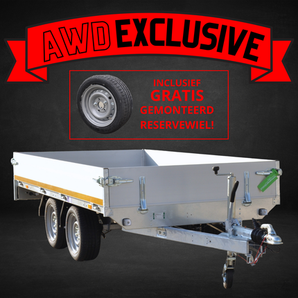 Aanhangwagendirect AWD Exclusive Eduard plateauwagen - 300x150 cm - 2000 kg bruto laadvermogen - 63 cm laadvloerhoogte - 30 cm borden - nu met gratis gemonteerd reservewiel