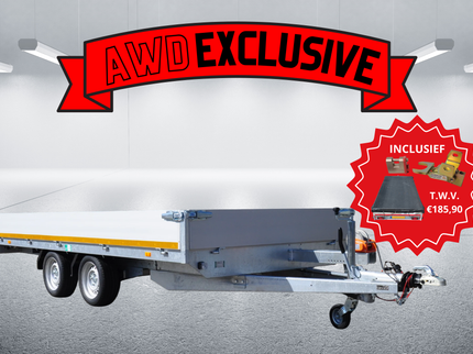 Aanhangwagendirect AWD exclusive - Geremde Eduard multitransporter - 406x200 cm - 3000 kg bruto laadvermogen - 63 cm laadvloerhoogte - 30 cm borden - inclusief oprijplaten, handlier & accessoires