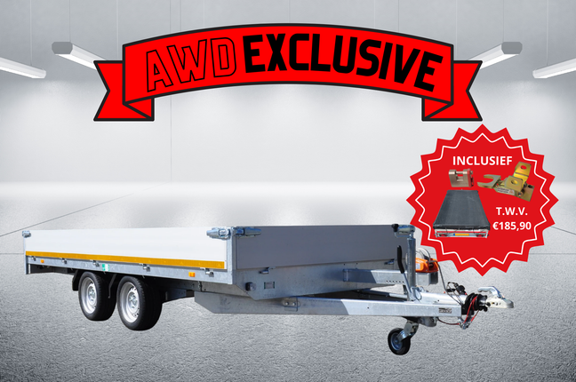Aanhangwagendirect AWD exclusive - Geremde Eduard multitransporter - 406x200 cm - 3000 kg bruto laadvermogen - 63 cm laadvloerhoogte - 30 cm borden - inclusief oprijplaten, handlier & accessoires