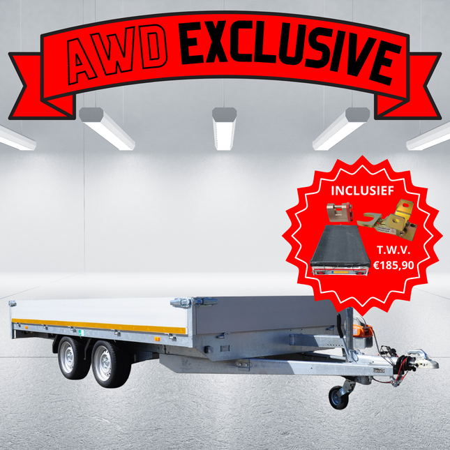 Aanhangwagendirect AWD exclusive - Geremde Eduard multitransporter - 406x200 cm - 3000 kg bruto laadvermogen - 63 cm laadvloerhoogte - 30 cm borden - inclusief oprijplaten, handlier & accessoires
