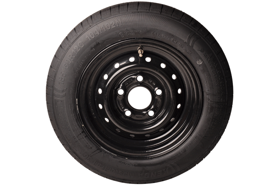 Aanhangwagendirect Compleet 12 inch wiel met zwarte velg - 185/60R12C band + velg - mercedes steek: 5x112 - 900 kg - 67 mm naafdiameter