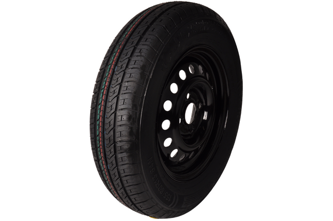 Aanhangwagendirect Compleet wiel 155R13 band + zwarte velg opel steek 4x100 - draagvermogen 500 kg - 57 mm naafdiameter