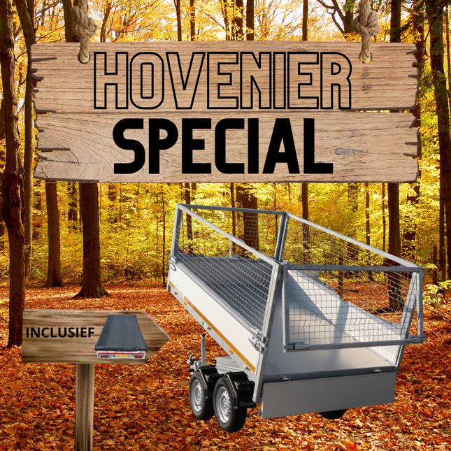 Aanhangwagendirect Complete Hoveniers Set - Geremde Eduard achterwaartse kipper - 256x150 cm - 2000 kg bruto laadvermogen - elektrisch - inclusief loofrekken & fijnmazig aanhangernet