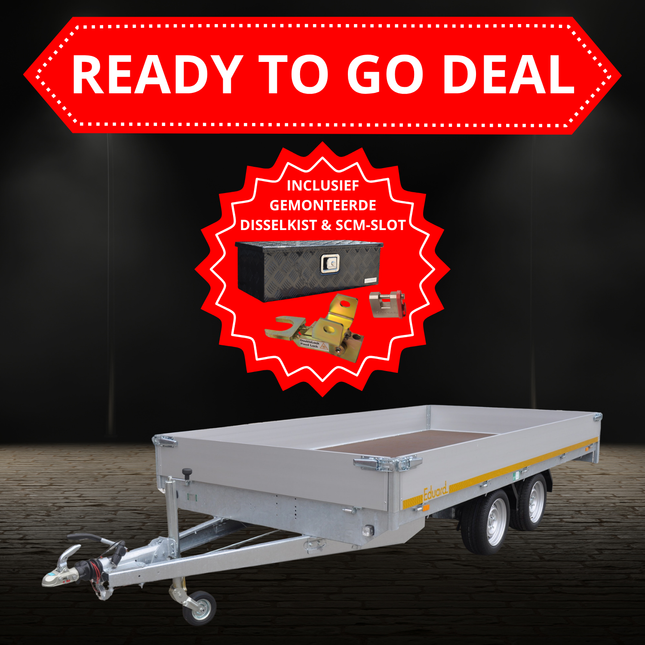 Aanhangwagendirect Ready TO GO DEAL - Eduard plateauwagen - 406x200 cm - 2700 kg bruto laadvermogen - inclusief disselkist & SCM disselslot