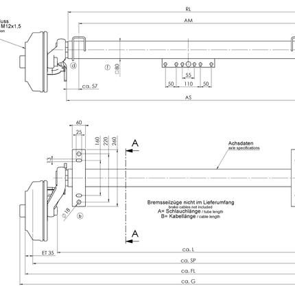 AL-KO Geremde torsie as - 1800 kg - padmaat 1100 mm - flensmaat 1590 mm - 5 gats