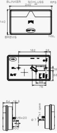 Aspock Achterlicht - Aspock MultiLED 2 - links - 240x140x54 mm - volledig LED - 8-polige connector - 50 cm kabel