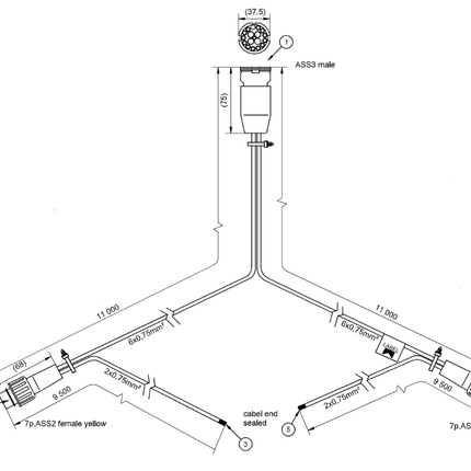 Aspock Aspöck hoofdkabel - 13 polig - 11 meter - waterdicht - 2x 7 polige ASS2 connector - Plug & Play - aftakkingen 950 cm