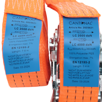 Cantonal Spanband met magnetische haak - 800x5 cm - 4000 kg - 2-delig - oranje