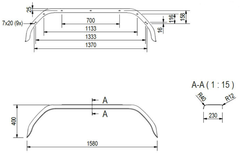 De Haan Origineel Anssems bakwagen tandem spatbord metaal 1580x230x400 mm