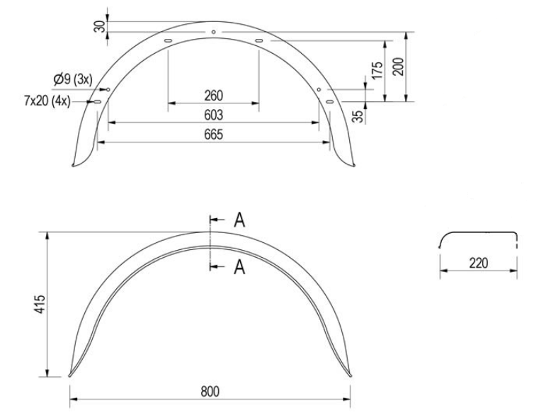 De Haan Origineel  spatbord metaal 800x220x415  mm - omtrek 1285 mm