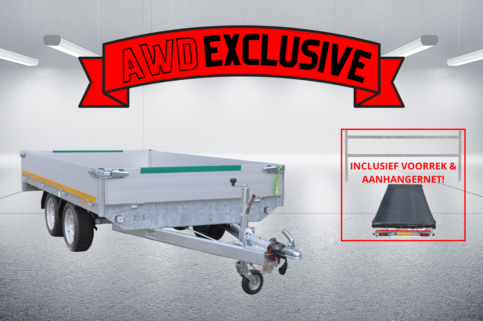 Eduard AWD exclusive Eduard plateauwagen - 310x180 cm - 2000 kg bruto laadvermogen - 63 cm laadvloerhoogte - 30 cm borden - inclusief gratis accessoires voorrek & aanhangernet