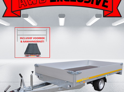 Eduard AWD exclusive geremde Eduard plateauwagen - 310x180 cm - 1500 kg bruto laadvermogen - 63 cm laadvloerhoogte - 30 cm borden - inclusief voorrek & aanhangernet