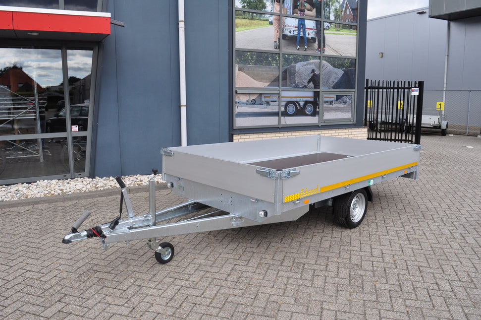 Eduard Complete edition - geremde Eduard plateauwagen - 310x180 cm - 1500 kg bruto laadvermogen - 63 cm laadvloerhoogte - 30 cm borden - inclusief voorrek & aanhangernet