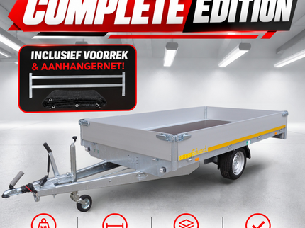 Eduard Complete edition - geremde Eduard plateauwagen - 310x180 cm - 1500 kg bruto laadvermogen - 63 cm laadvloerhoogte - 30 cm borden - inclusief voorrek & aanhangernet