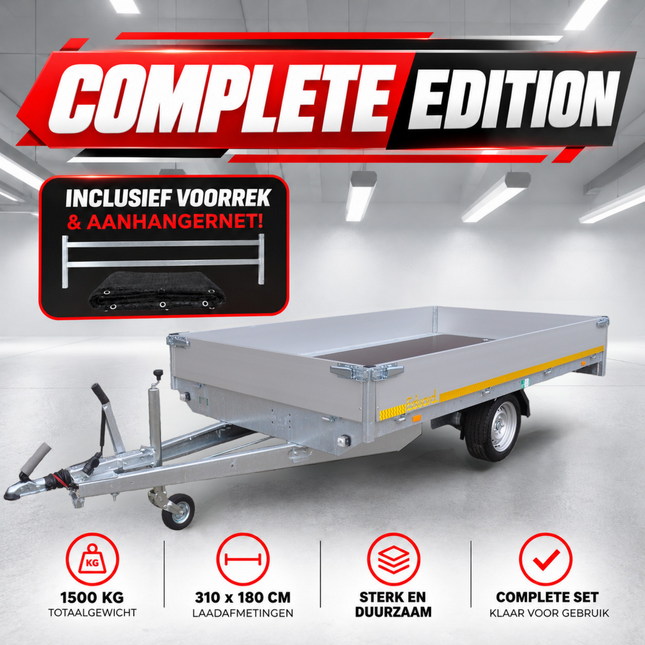 Eduard Complete edition - geremde Eduard plateauwagen - 310x180 cm - 1500 kg bruto laadvermogen - 63 cm laadvloerhoogte - 30 cm borden - inclusief voorrek & aanhangernet