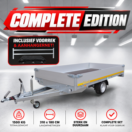 Eduard Complete edition - geremde Eduard plateauwagen - 310x180 cm - 1500 kg bruto laadvermogen - 63 cm laadvloerhoogte - 30 cm borden - inclusief voorrek & aanhangernet