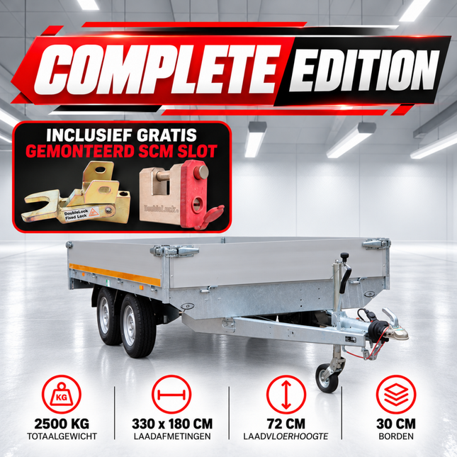 Eduard Complete edition - geremde Eduard plateauwagen - 330x180 cm - 2500 kg bruto laadvermogen - 72 cm laadvloerhoogte - 30 cm borden