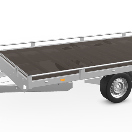 Eduard Geremde Eduard autotransporter - 406x200 cm - 3000 kg bruto laadvermogen - 63 cm laadvloerhoogte - 10 cm hoge reling - inclusief oprijplaten
