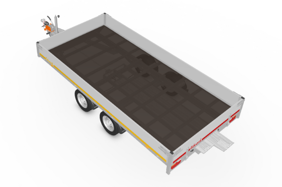 Eduard Geremde Eduard multitransporter - 406x200 cm - 3000 kg bruto laadvermogen - 63 cm laadvloerhoogte - 30 cm borden - inclusief oprijplaten en handlier