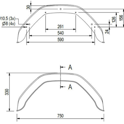 Saris Saris/Henra kunststof spatbord - 750x220x330 mm - omtrek 1120 mm - geschikt voor Saris/Henra bakwagens